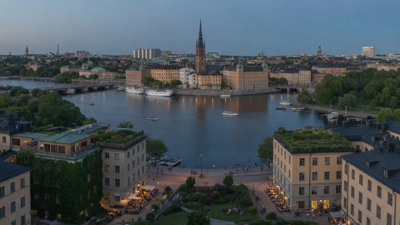 Stockholm över Riddarfjärden i kvällsljus, med gröna tak, planterade terrasser och folk i gaturummet.