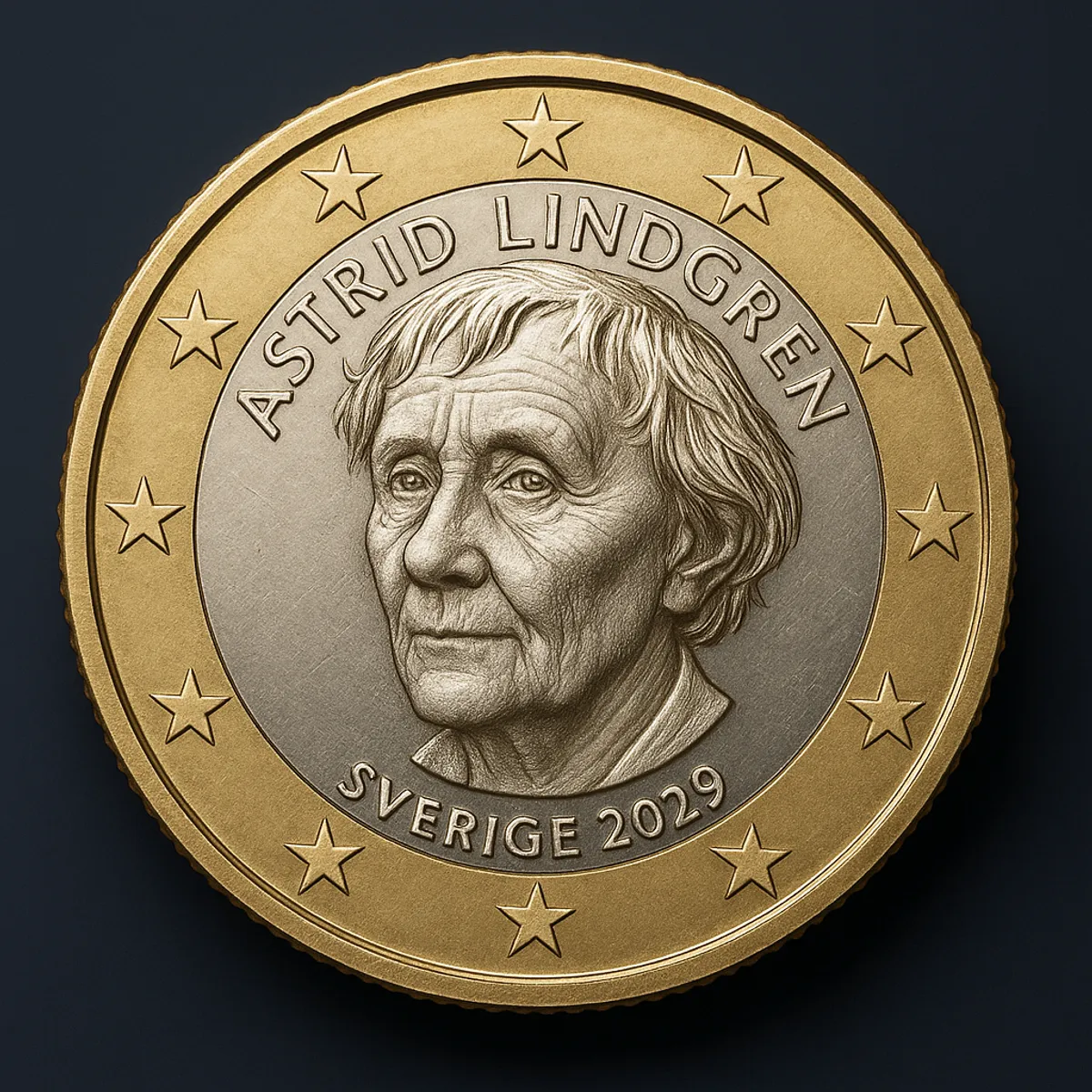 Ett tänkt svenskt euromynt med Astrid Lindgrens porträtt i relief och texten SVERIGE 2029 längs kanten.